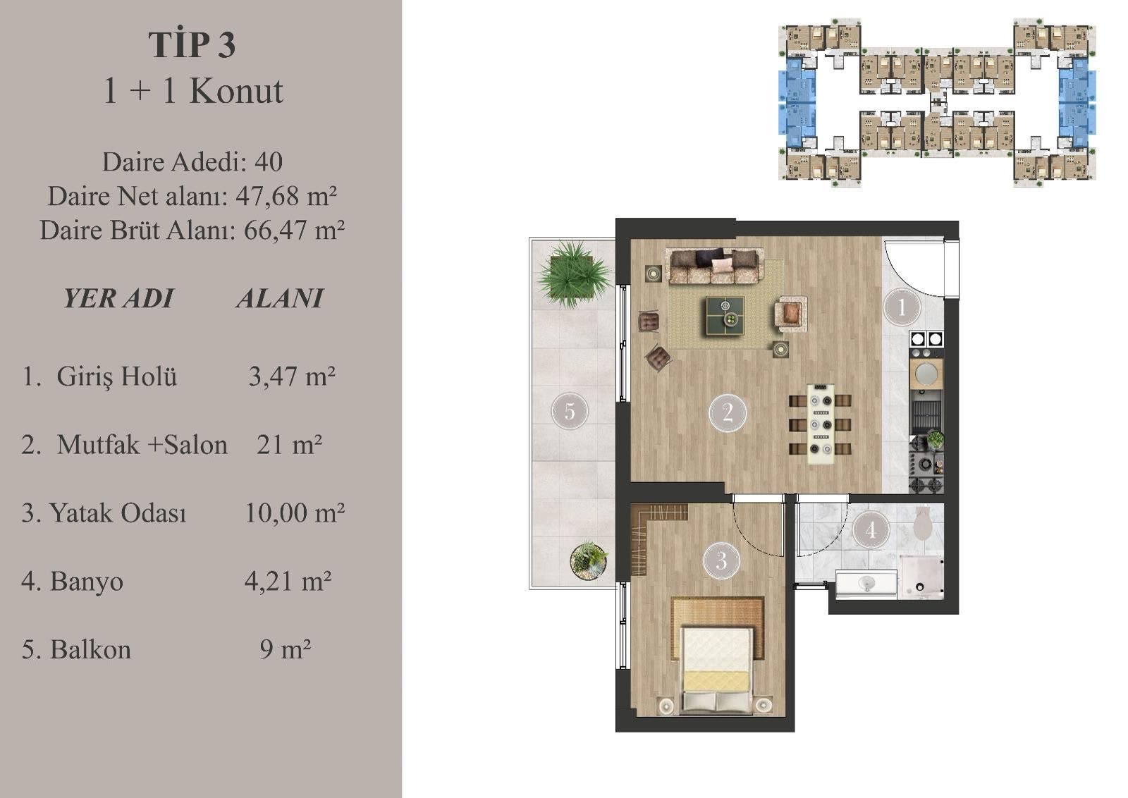 Hasbağ Niva 1+1 daire kat planı