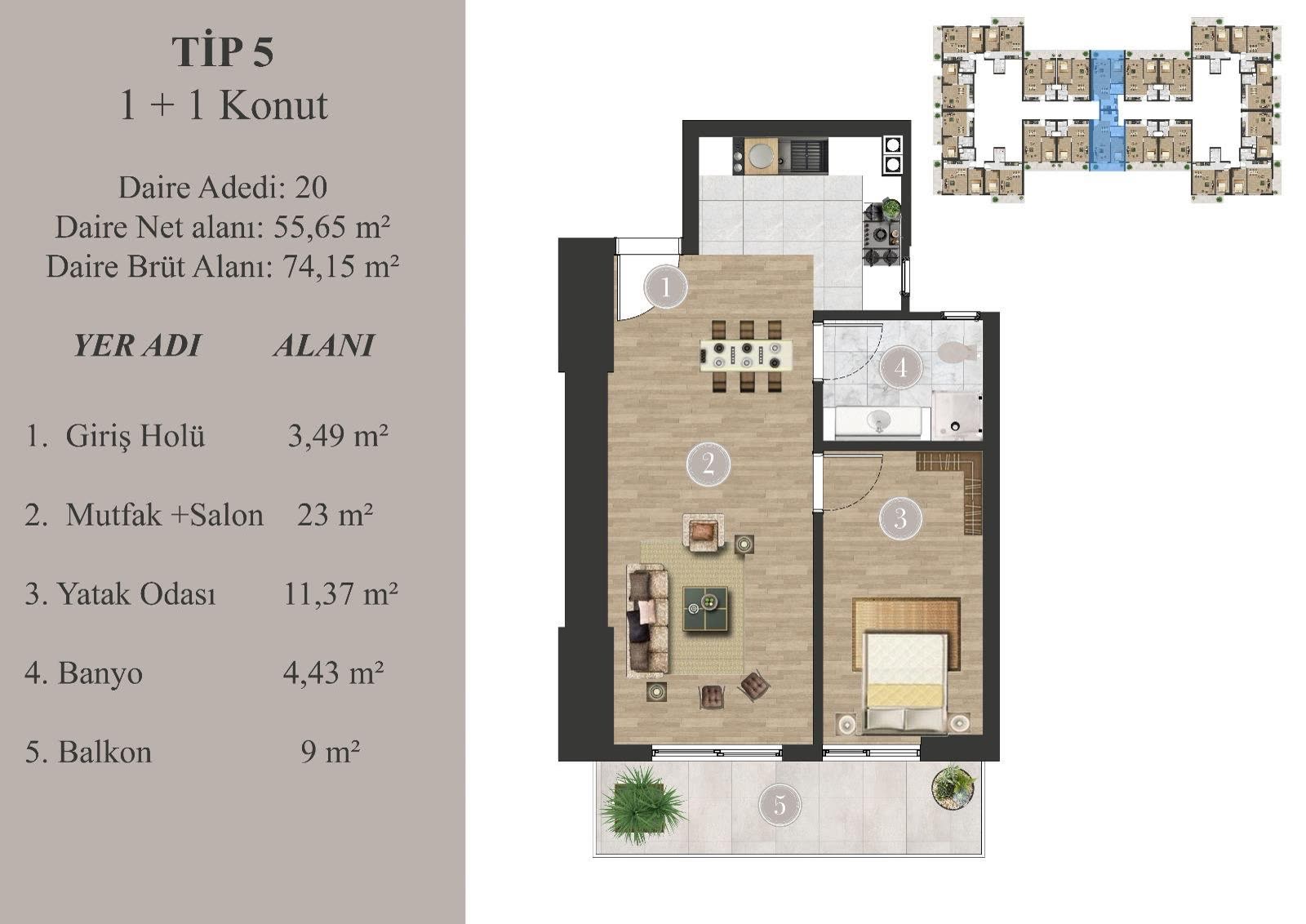 Hasbağ Niva 1+1 daire kat planı