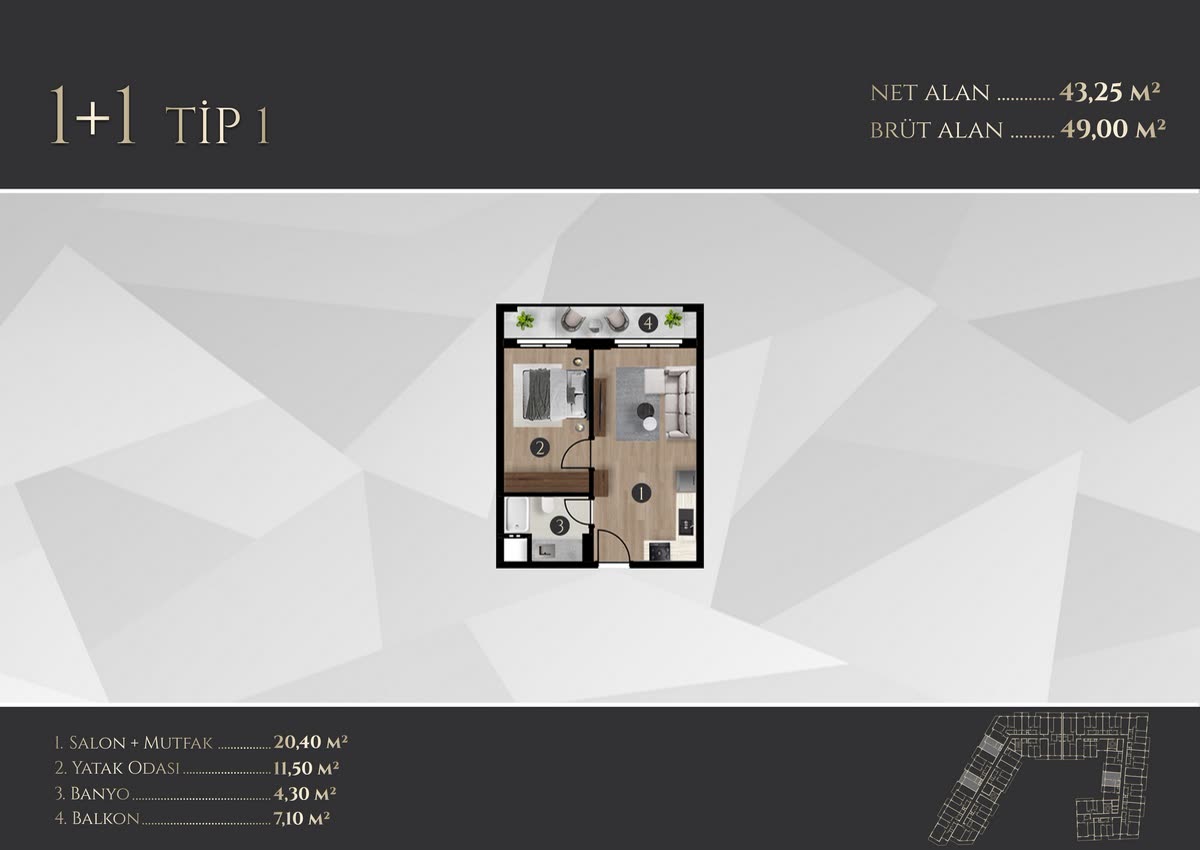 Tefka Prime 1+1 · Tip 1 daire kat planı