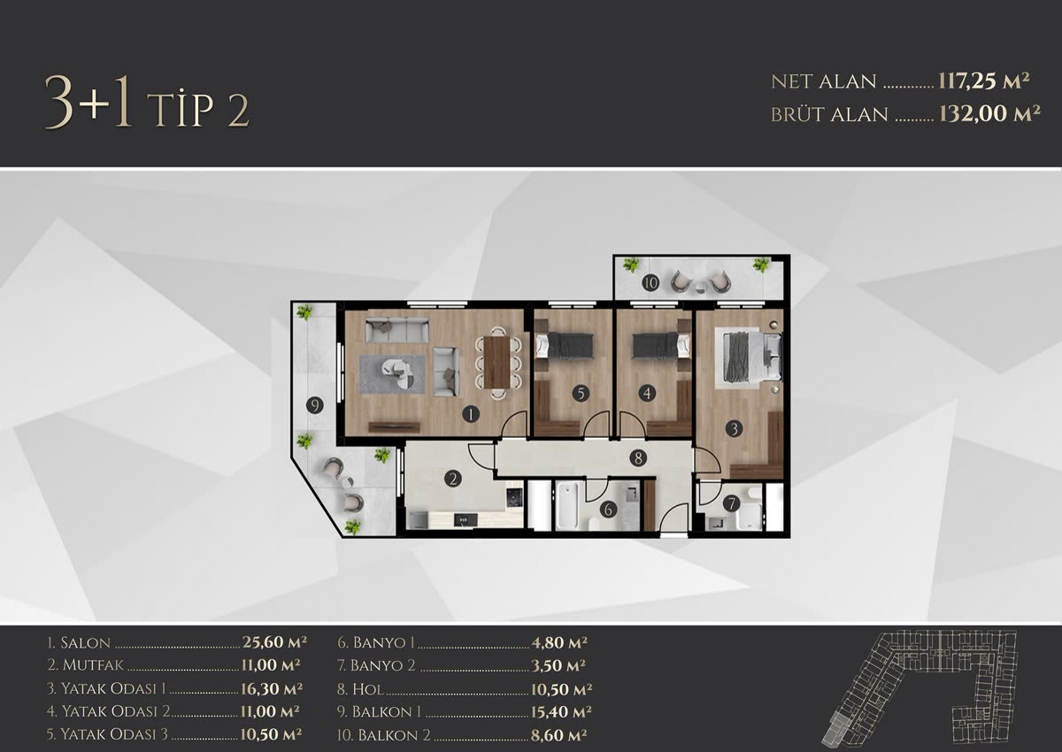 Tefka Prime 3+1 · Tip 2 daire kat planı